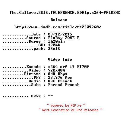 NFO for the release The.Gallows.2015.TRUEFRENCH.BDRip.x264-PRiDEHD by PRiDEHD
