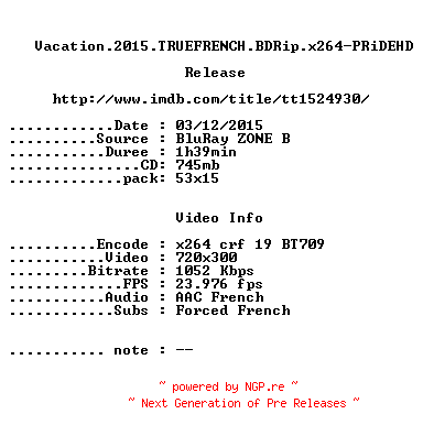 NFO for the release Vacation.2015.TRUEFRENCH.BDRip.x264-PRiDEHD by PRiDEHD