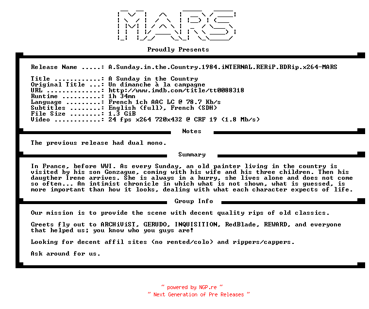 NFO for the release A.Sunday.in.the.Country.1984.iNTERNAL.RERiP.BDRip.x264-MARS by MARS