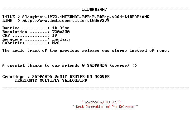 NFO for the release Slaughter.1972.iNTERNAL.RERiP.BDRip.x264-LiBRARiANS by LiBRARiANS