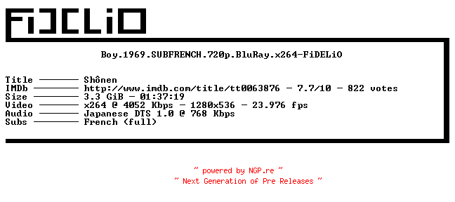 NFO for the release Boy.1969.SUBFRENCH.720p.BluRay.x264-FiDELiO by FiDELiO