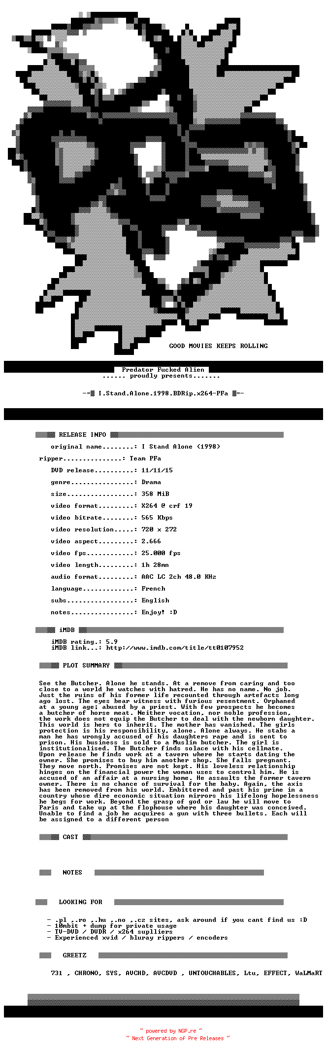 NFO for the release I.Stand.Alone.1998.BDRip.x264-PFa by PFa