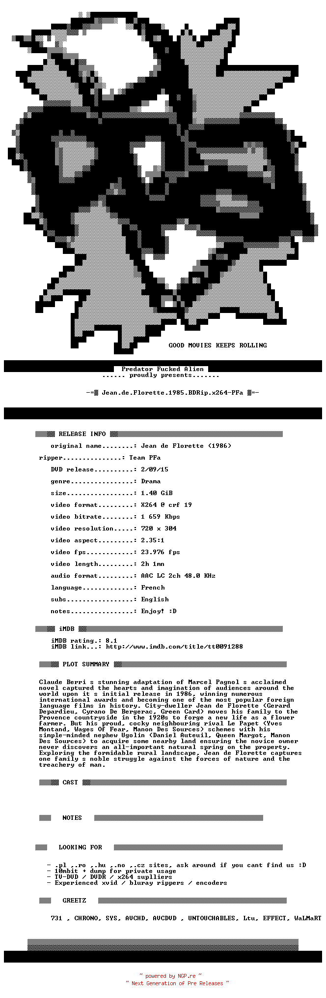 NFO for the release Jean.de.Florette.1985.BDRip.x264-PFa by PFa