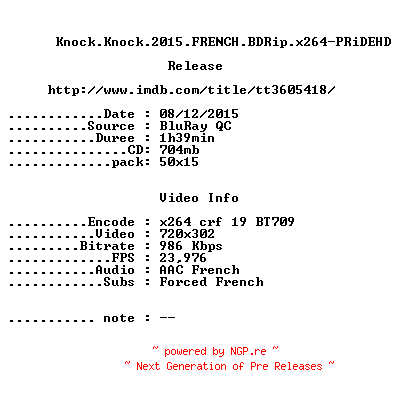 NFO for the release Knock.Knock.2015.FRENCH.BDRip.x264-PRiDEHD by PRiDEHD