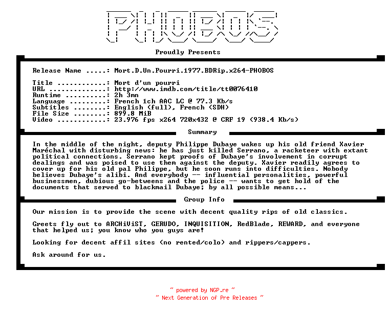 NFO for the release Mort.D.Un.Pourri.1977.BDRip.x264-PHOBOS by PHOBOS