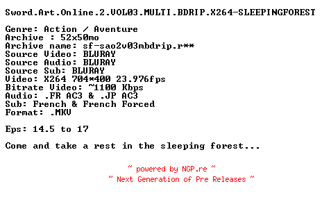 NFO for the release Sword.Art.Online.2.VOL03.MULTI.BDRIP.X264-SLEEPINGFOREST by SLEEPINGFOREST