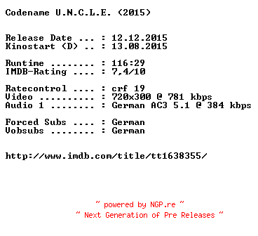NFO for the release Codename.U.N.C.L.E.German.2015.AC3.BDRiP.x264-EXQUiSiTE by EXQUiSiTE
