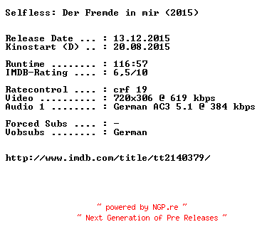NFO for the release Selfless.Der.Fremde.in.mir.German.2015.AC3.BDRiP.x264-EXQUiSiTE by EXQUiSiTE