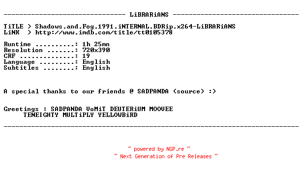 NFO for the release Shadows.and.Fog.1991.iNTERNAL.BDRip.x264-LiBRARiANS by LiBRARiANS