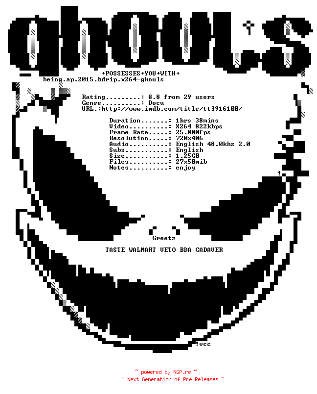 NFO for the release Being.AP.2015.BDRip.x264-GHOULS by GHOULS
