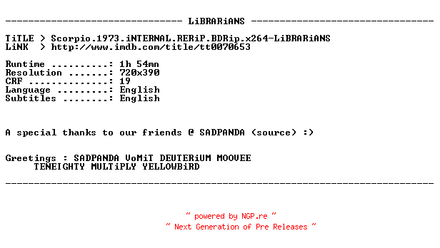 NFO for the release Scorpio.1973.iNTERNAL.RERiP.BDRip.x264-LiBRARiANS by LiBRARiANS