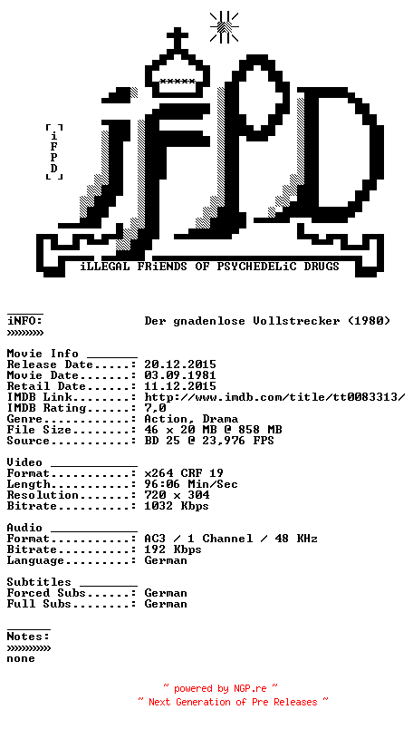 NFO for the release Der.gnadenlose.Vollstrecker.German.1980.AC3.BDRiP.x264-iFPD by iFPD