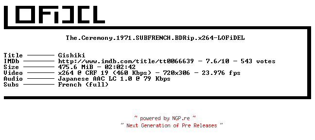 NFO for the release The.Ceremony.1971.SUBFRENCH.BDRip.x264-LOFiDEL by LOFiDEL