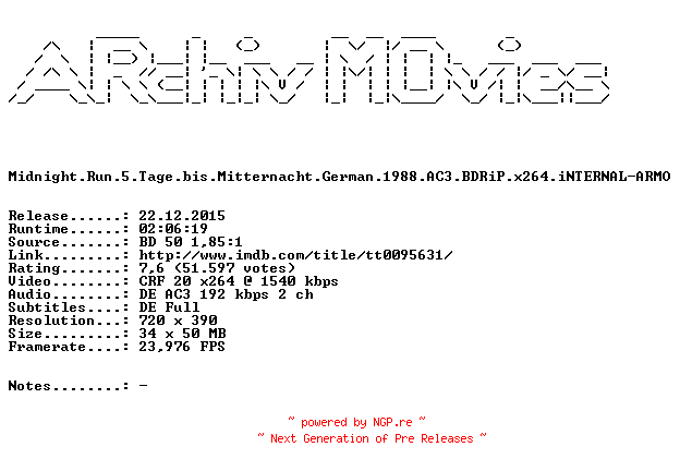 NFO for the release Midnight.Run.5.Tage.bis.Mitternacht.German.1988.AC3.BDRiP.x264.iNTERNAL-ARMO by ARMO