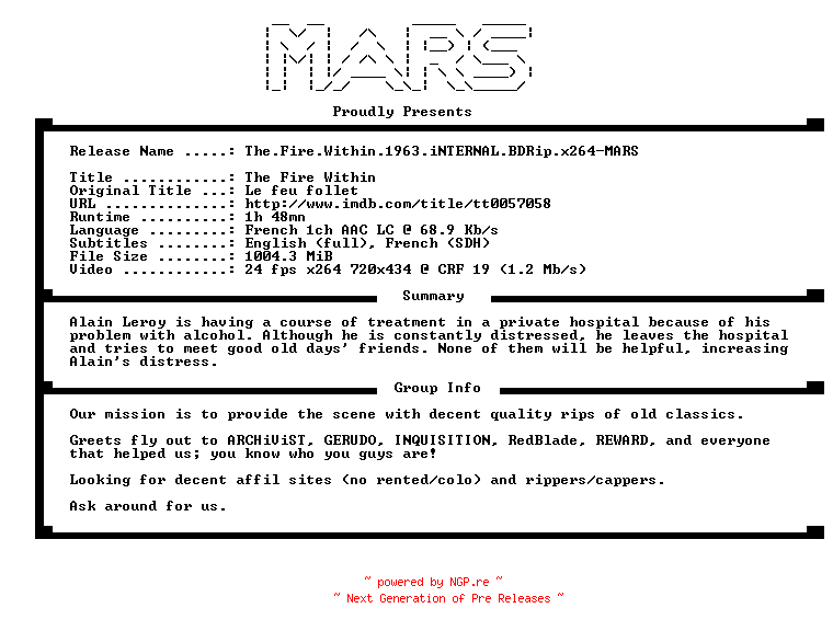 NFO for the release The.Fire.Within.1963.iNTERNAL.BDRip.x264-MARS by MARS