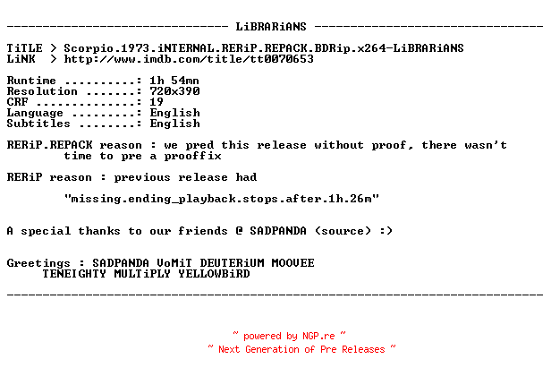 NFO for the release Scorpio.1973.iNTERNAL.RERiP.REPACK.BDRip.x264-LiBRARiANS by LiBRARiANS