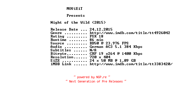 NFO for the release Night.of.the.Wild.UNCUT.German.2015.AC3.BDRip.x264-MOViEiT by MOViEiT