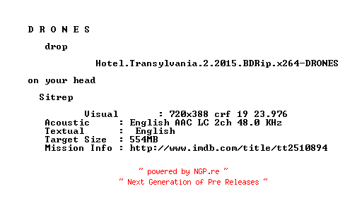 NFO for the release Hotel.Transylvania.2.2015.BDRip.x264-DRONES by DRONES