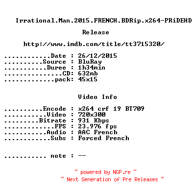NFO for the release Irrational.Man.2015.FRENCH.BDRip.x264-PRiDEHD by PRiDEHD