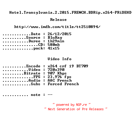 NFO for the release Hotel.Transylvania.2.2015.FRENCH.BDRip.x264-PRiDEHD by PRiDEHD