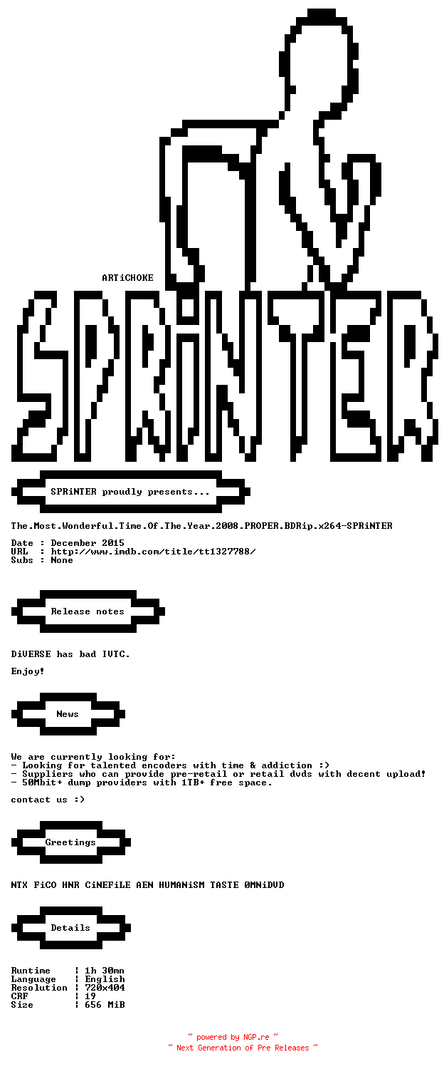 NFO for the release The.Most.Wonderful.Time.Of.The.Year.2008.PROPER.BDRip.x264-SPRiNTER by SPRiNTER