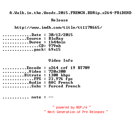 NFO for the release A.Walk.in.the.Woods.2015.FRENCH.BDRip.x264-PRiDEHD by PRiDEHD