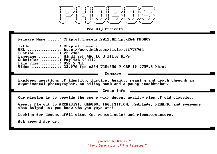 NFO for the release Ship.of.Theseus.2012.BDRip.x264-PHOBOS by PHOBOS