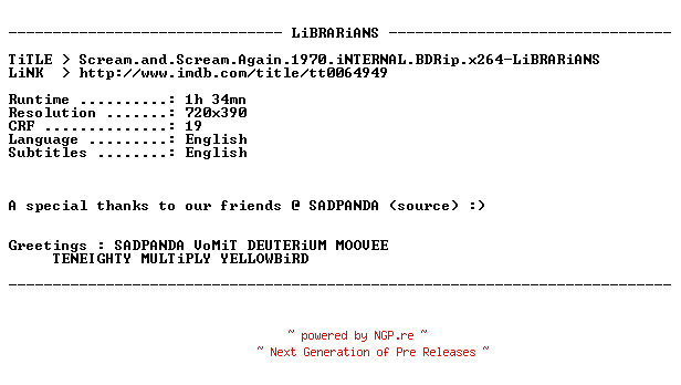 NFO for the release Scream.and.Scream.Again.1970.iNTERNAL.BDRip.x264-LiBRARiANS by LiBRARiANS