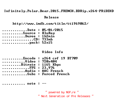 NFO for the release Infinitely.Polar.Bear.2015.FRENCH.BDRip.x264-PRiDEHD by PRiDEHD