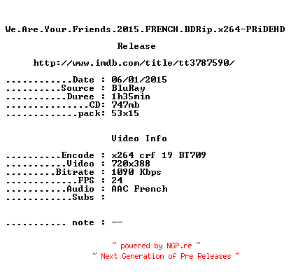NFO for the release We.Are.Your.Friends.2015.FRENCH.BDRip.x264-PRiDEHD by PRiDEHD
