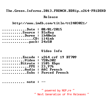 NFO for the release The.Green.Inferno.2013.FRENCH.BDRip.x264-PRiDEHD by PRiDEHD