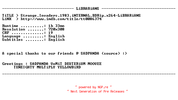 NFO for the release Strange.Invaders.1983.iNTERNAL.BDRip.x264-LiBRARiANS by LiBRARiANS