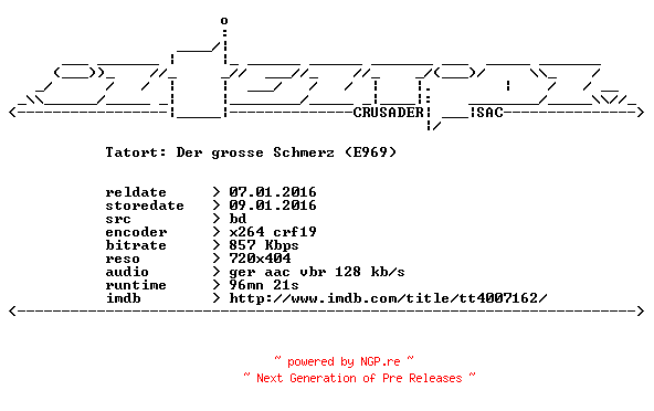 NFO for the release Tatort.E969.Der.grosse.Schmerz.German.BDRip.x264-iNTENTiON by iNTENTiON