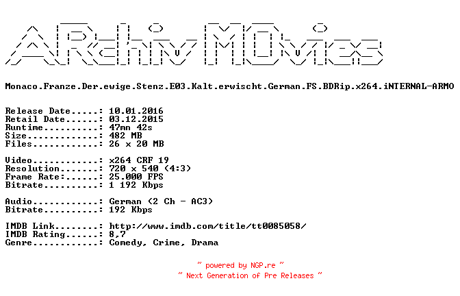 NFO for the release Monaco.Franze.Der.ewige.Stenz.E03.Kalt.erwischt.German.FS.BDRip.x264.iNTERNAL-ARMO by ARMO