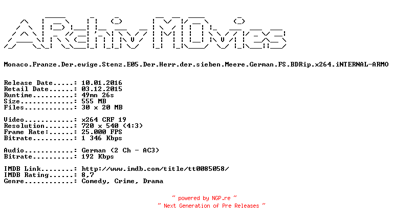 NFO for the release Monaco.Franze.Der.ewige.Stenz.E05.Der.Herr.der.sieben.Meere.German.FS.BDRip.x264.iNTERNAL-ARMO by ARMO
