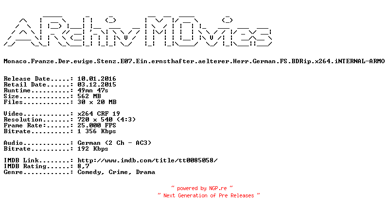 NFO for the release Monaco.Franze.Der.ewige.Stenz.E07.Ein.ernsthafter.aelterer.Herr.German.FS.BDRip.x264.iNTERNAL-ARMO by ARMO