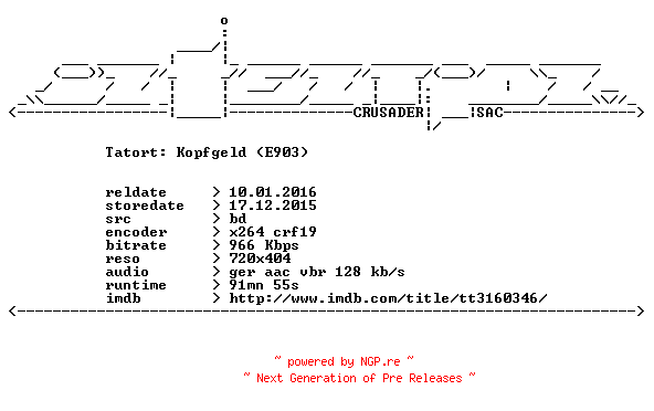 NFO for the release Tatort.E903.Kopfgeld.German.BDRip.x264-iNTENTiON by iNTENTiON