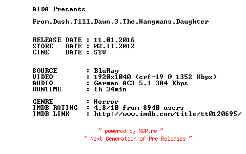 NFO for the release From.Dusk.Till.Dawn.3.The.Hangmans.Daughter.1999.German.BDRip.x264.iNTERNAL-AIDA by AIDA