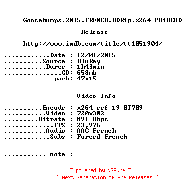 NFO for the release Goosebumps.2015.FRENCH.BDRip.x264-PRiDEHD by PRiDEHD