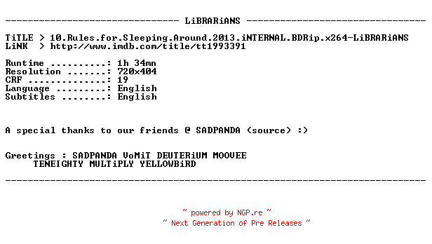 NFO for the release 10.Rules.for.Sleeping.Around.2013.iNTERNAL.BDRip.x264-LiBRARiANS by LiBRARiANS