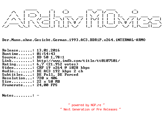 NFO for the release Der.Mann.ohne.Gesicht.German.1993.AC3.BDRiP.x264.iNTERNAL-ARMO by ARMO