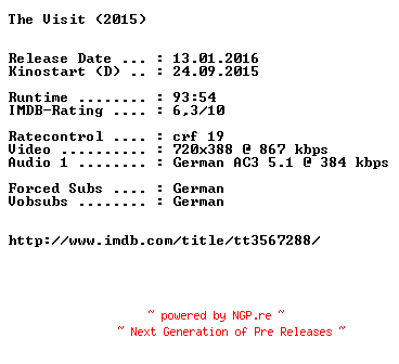 NFO for the release The.Visit.German.2015.AC3.BDRiP.x264-EXQUiSiTE by EXQUiSiTE