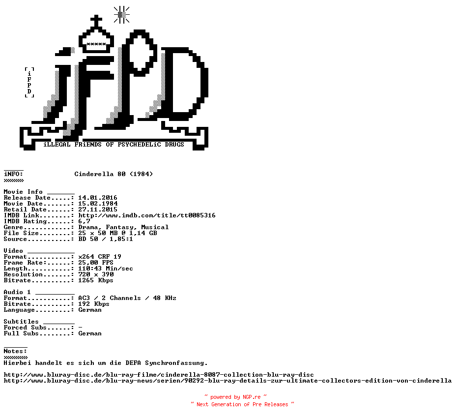 NFO for the release Cinderella.80.German.1984.AC3.BDRiP.x264-iFPD by iFPD