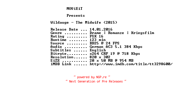 NFO for the release Wildauge.The.Midwife.German.2015.AC3.BDRip.x264-MOViEiT by MOViEiT
