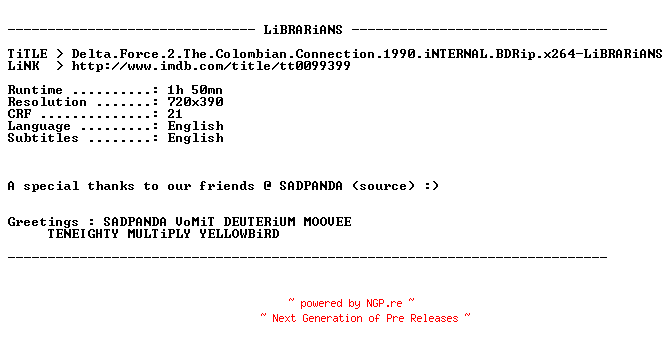 NFO for the release Delta.Force.2.The.Colombian.Connection.1990.iNTERNAL.BDRip.x264-LiBRARiANS by LiBRARiANS
