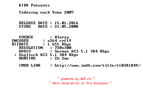 NFO for the release Todeszug.nach.Yuma.2007.German.DL.BDRip.x264.iNTERNAL-AIDA by AIDA