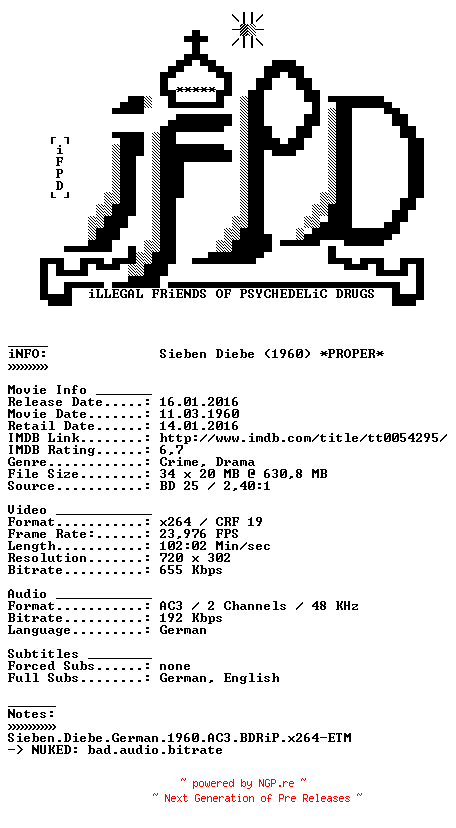 NFO for the release Sieben.Diebe.German.1960.AC3.BDRiP.x264.PROPER-iFPD by iFPD