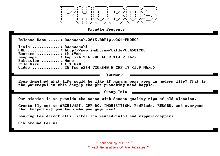 NFO for the release Aaaaaaaah.2015.BDRip.x264-PHOBOS by PHOBOS