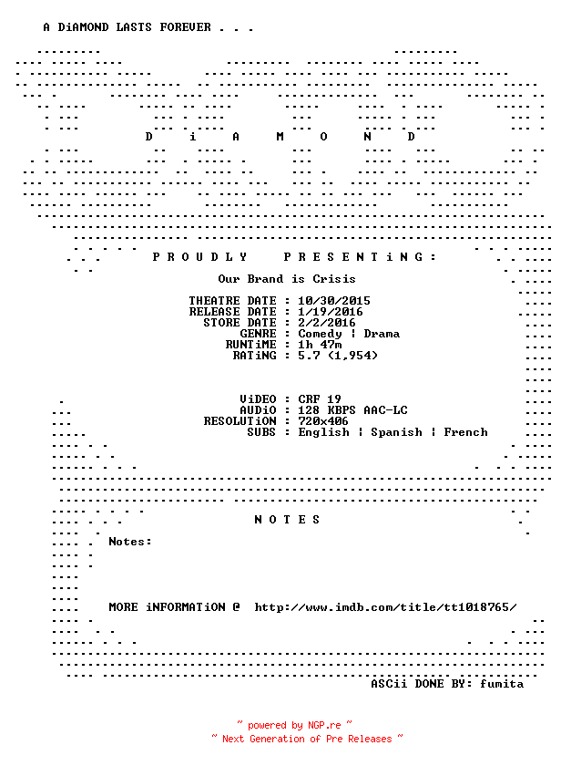 NFO for the release Our.Brand.Is.Crisis.2015.2015.BDRip.x264-DiAMOND by DiAMOND