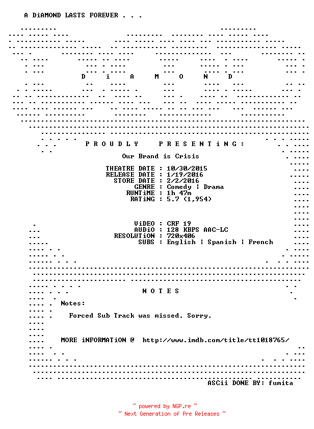 NFO for the release Our.Brand.Is.Crisis.2015.REPACK.BDRip.x264-DiAMOND by DiAMOND